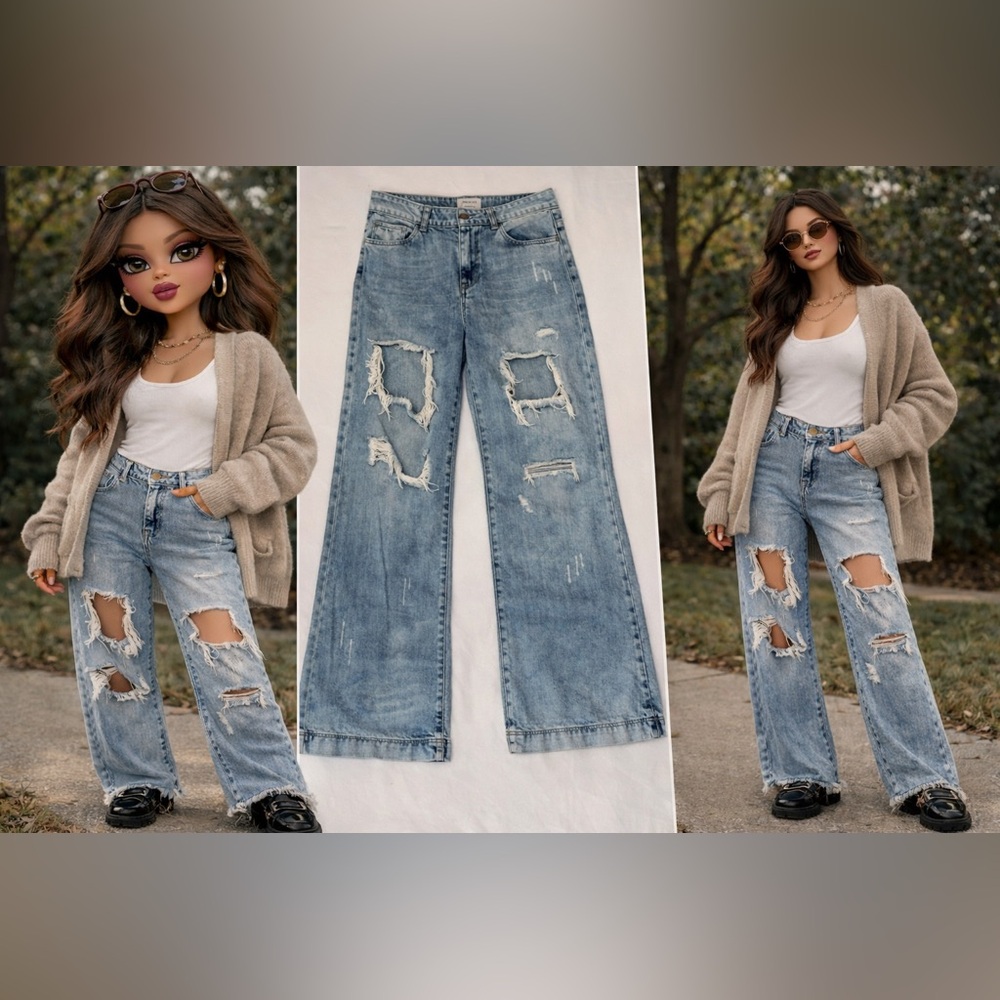 UNIQ by LITZ Distressed High Rise Wide‎ Leg Straight Jeans 26 Bratz Streetwear